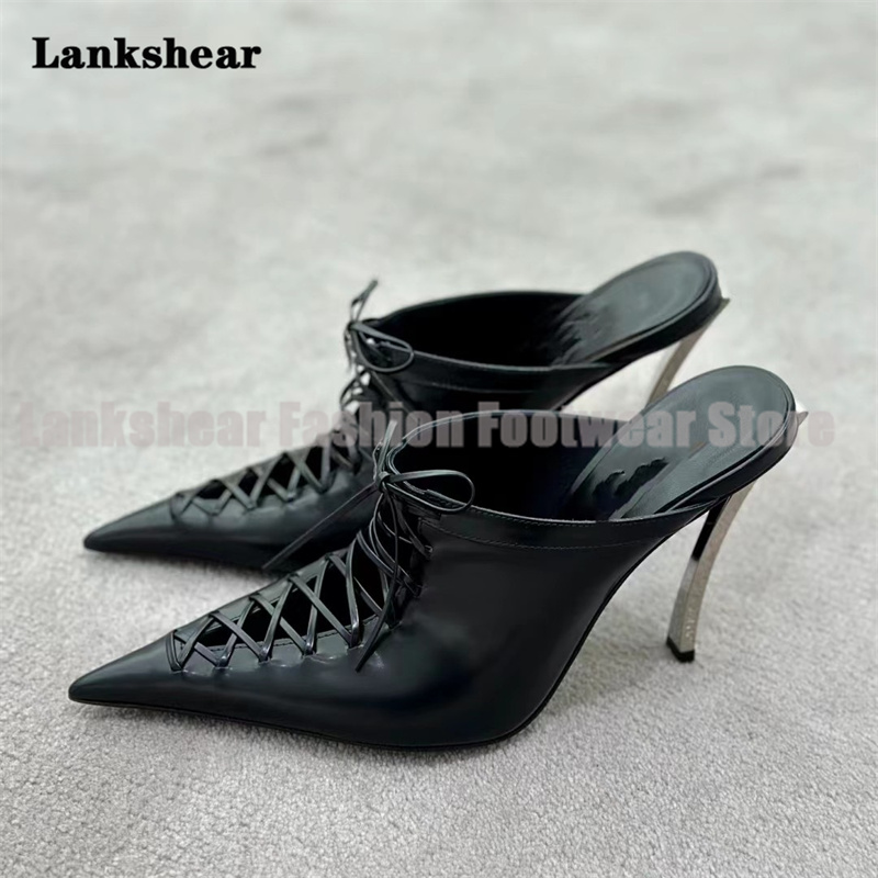 Women'S Shoes Trendy - Black Leather Lace Up Mules Pointed