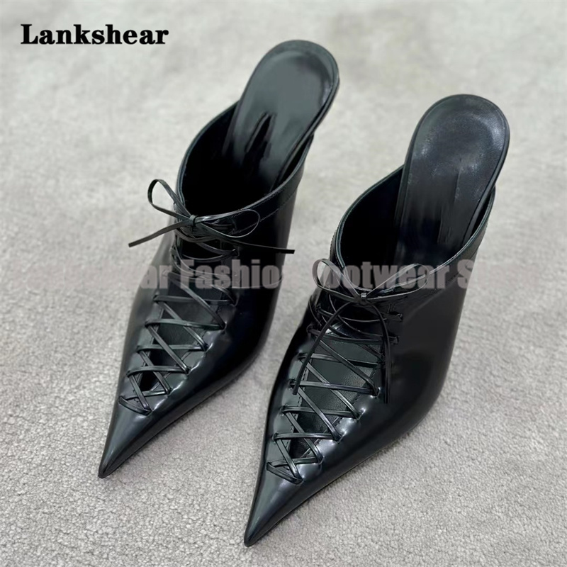 Black Leather Lace Up Mules Po - Women'S Shoes Trendy ulasan dan harga