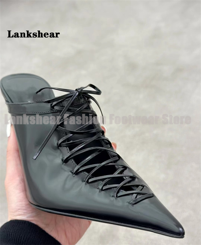 Black Leather Lace Up Mules Po - Women'S Shoes Trendy ulasan dan harga